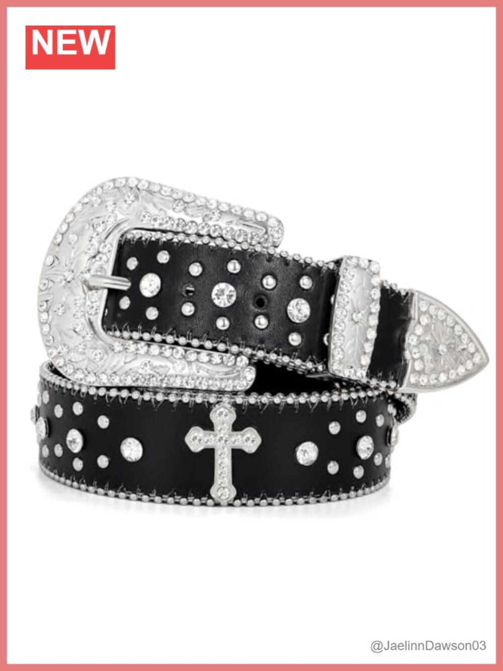 Rhinestone Western Leather Belt Detachable Buckle Cross Bling Cowgirl